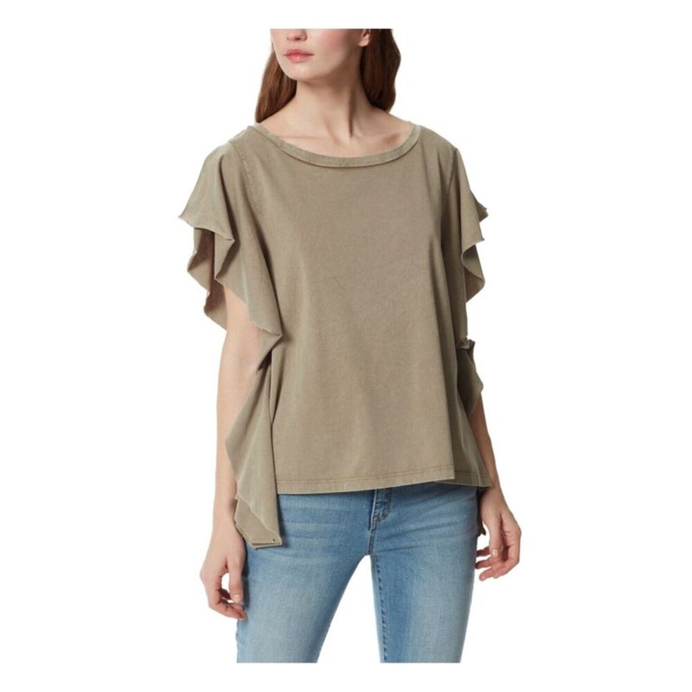 FRAYED JEANS Womens Green Flutter Sleeve Round Neck Top XS